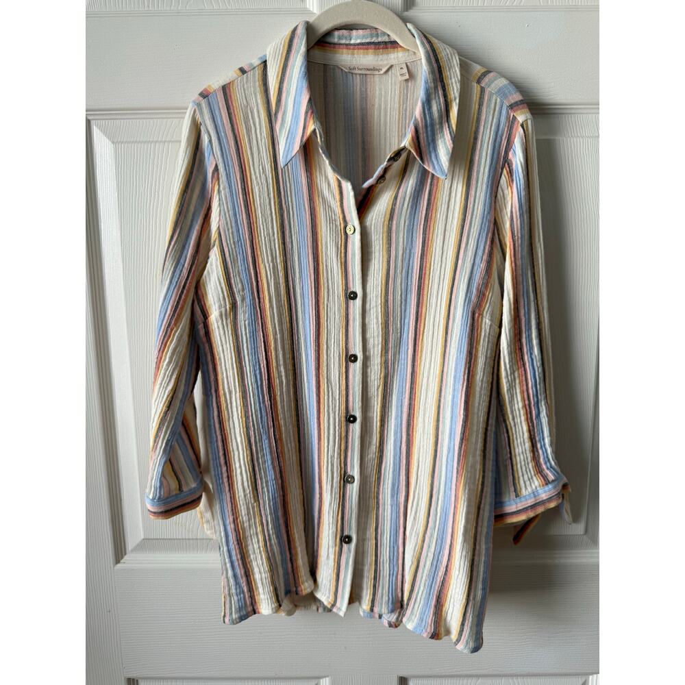 Soft Surroundings Pastel Striped Gauze Button Front Top Petite L Coastal Boho